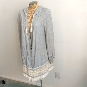 Long Gray Hooded Sweatshirt with Ivory Embellishment and Fring at the Bottom